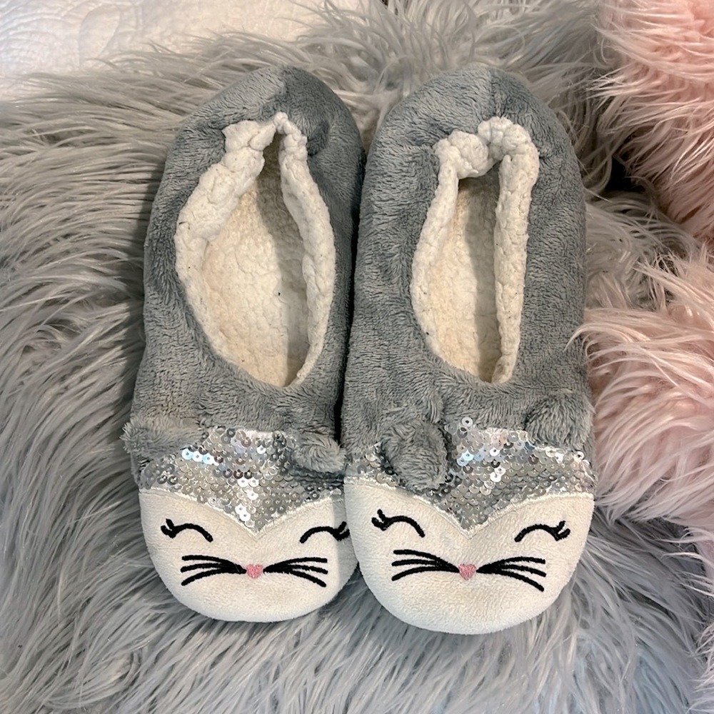 Kitty Cat Slippers Gray Plush Sequins House Shoes Lounge Dorm Womens 8 9